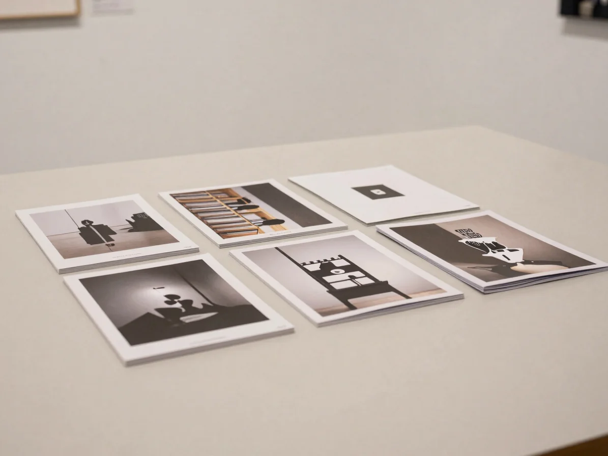 Editorial gallery photograph of a neatly arranged printed portfolio on a pale neutral table, soft even studio light, res