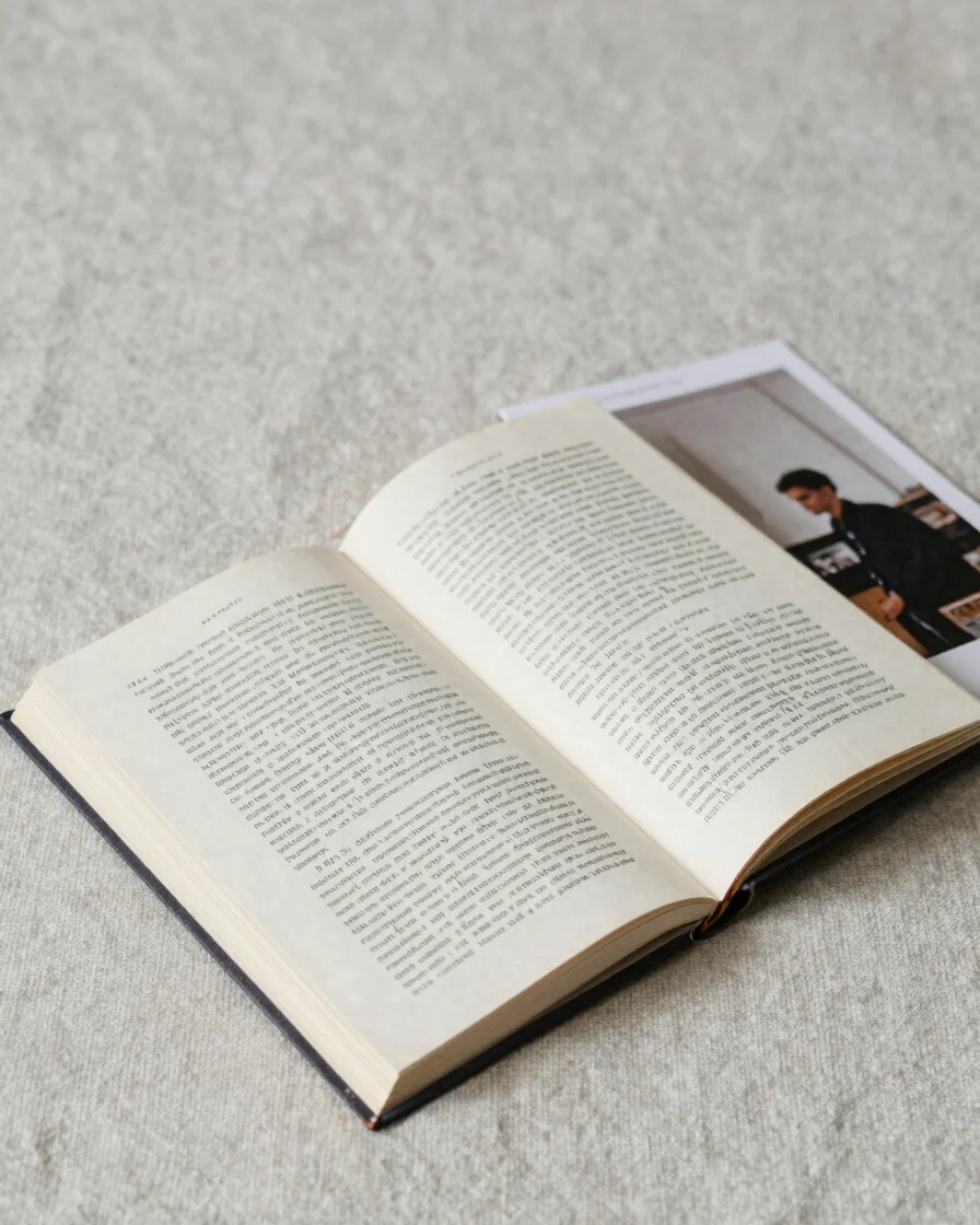 Clean editorial still life of an open literary manuscript beside