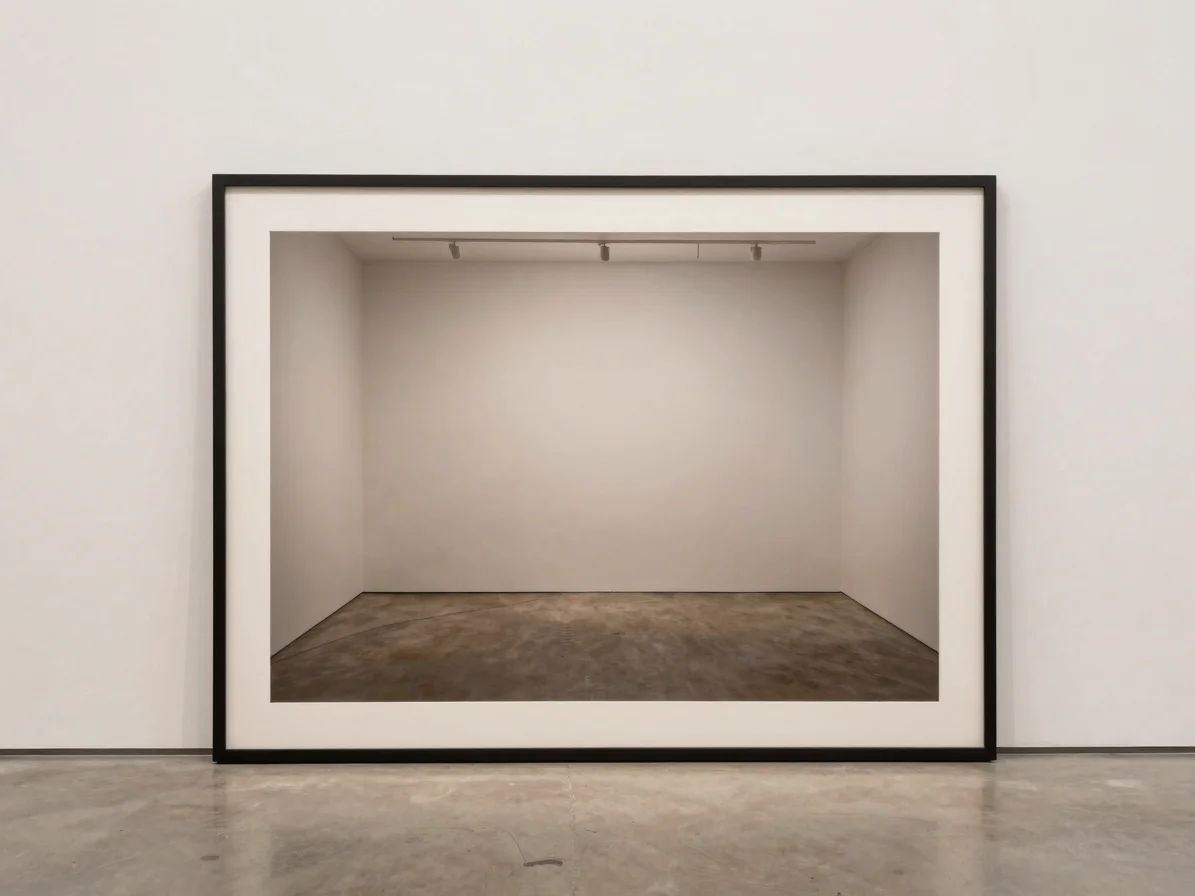 Editorial gallery photography, soft diffused gallery light, neutral tonal palette. A single large framed print leaning a