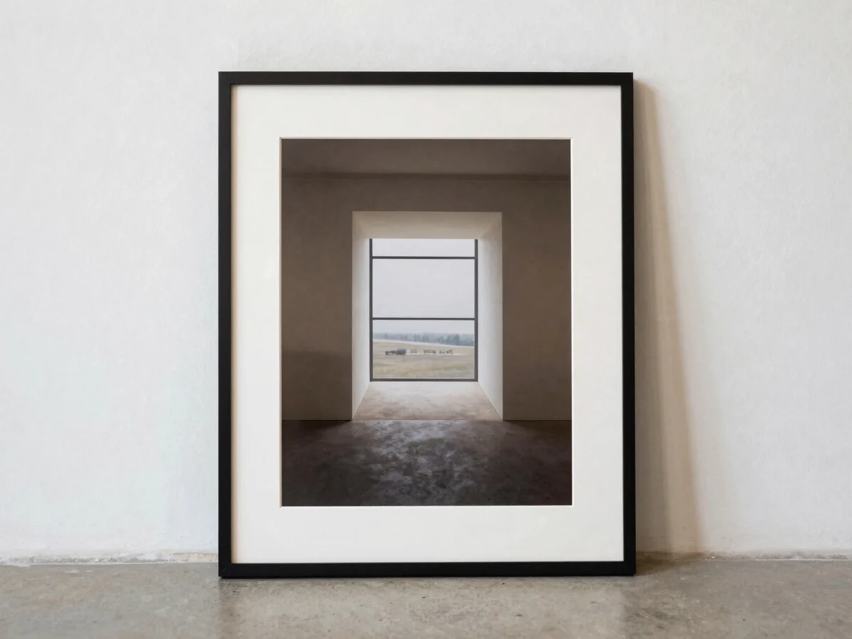 Editorial gallery photograph of a single framed print leaning against a pale wall, soft diffused light, true colours pre