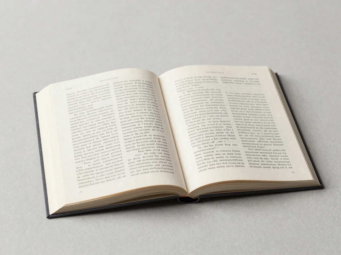Open literary book on a pale neutral surface, soft even gallery l