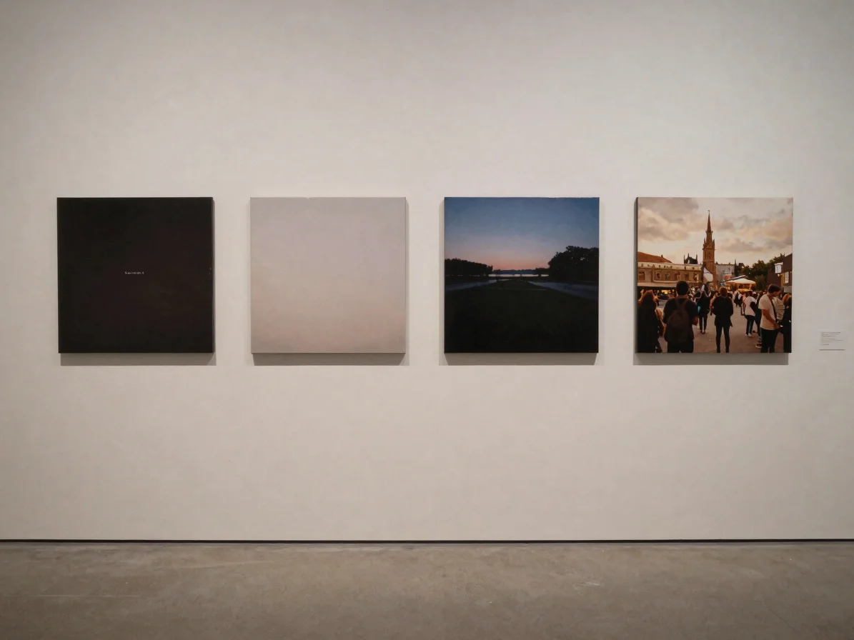 Album sleeve artwork displayed flat on a neutral gallery plinth,