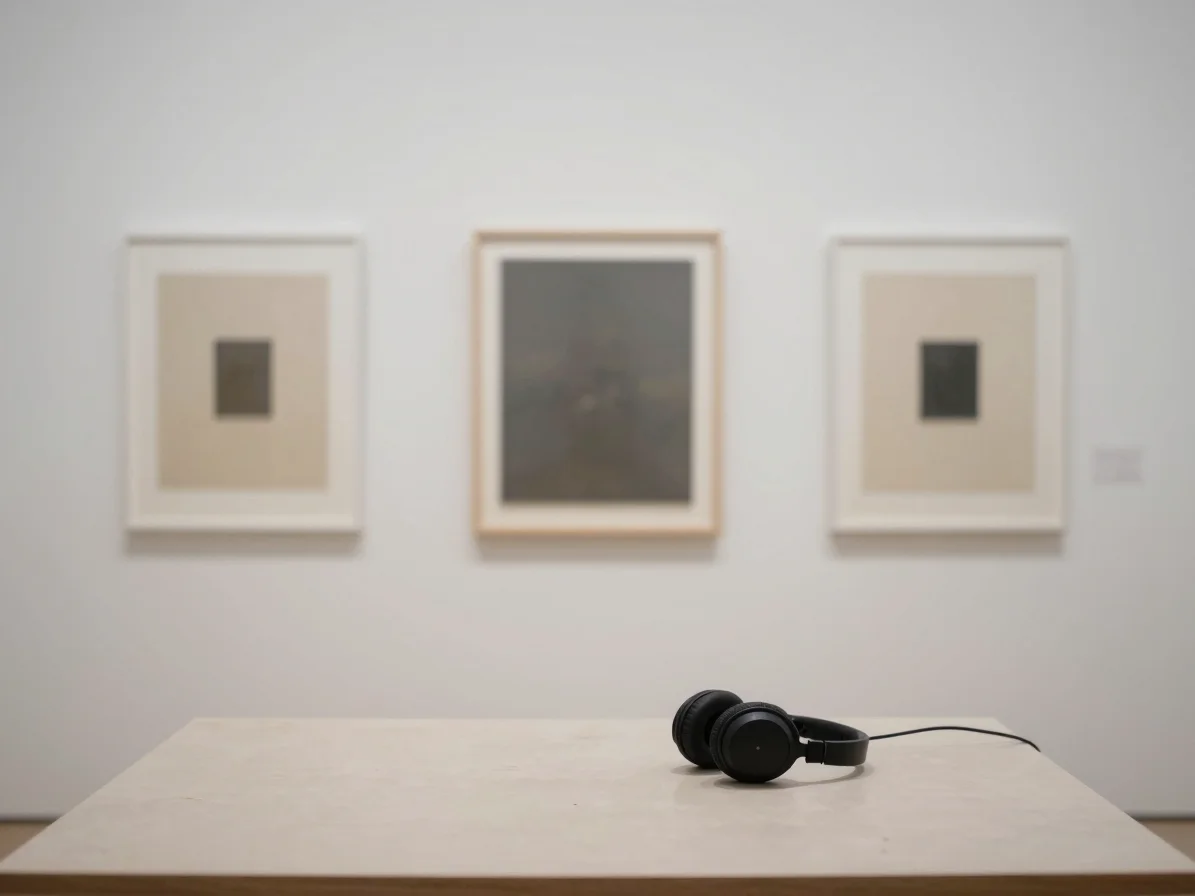 Minimal studio view of an audio recording artwork and a pair of h
