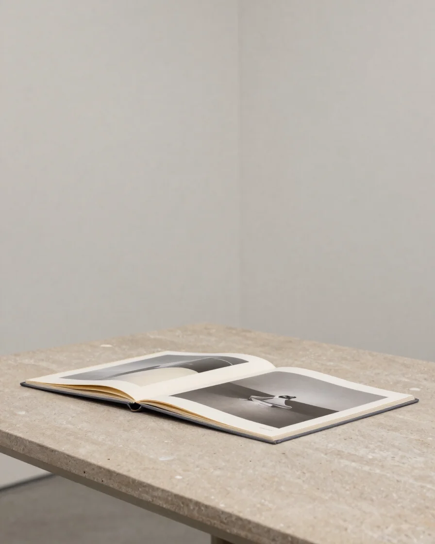 Editorial gallery photograph of an artist's portfolio folder open
